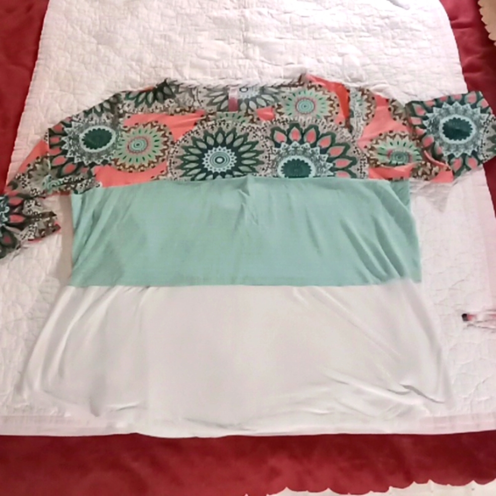 Dazzle Up Long Sleeve Blouse Green And White And Orange and Gray 2X